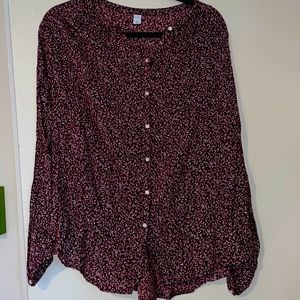 Lightweight Button down blouse, large, floral, maroon